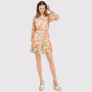 Taylor Womens Dress Orange Mini Floral V Neck Belted Shirtdress Babydoll Size 6